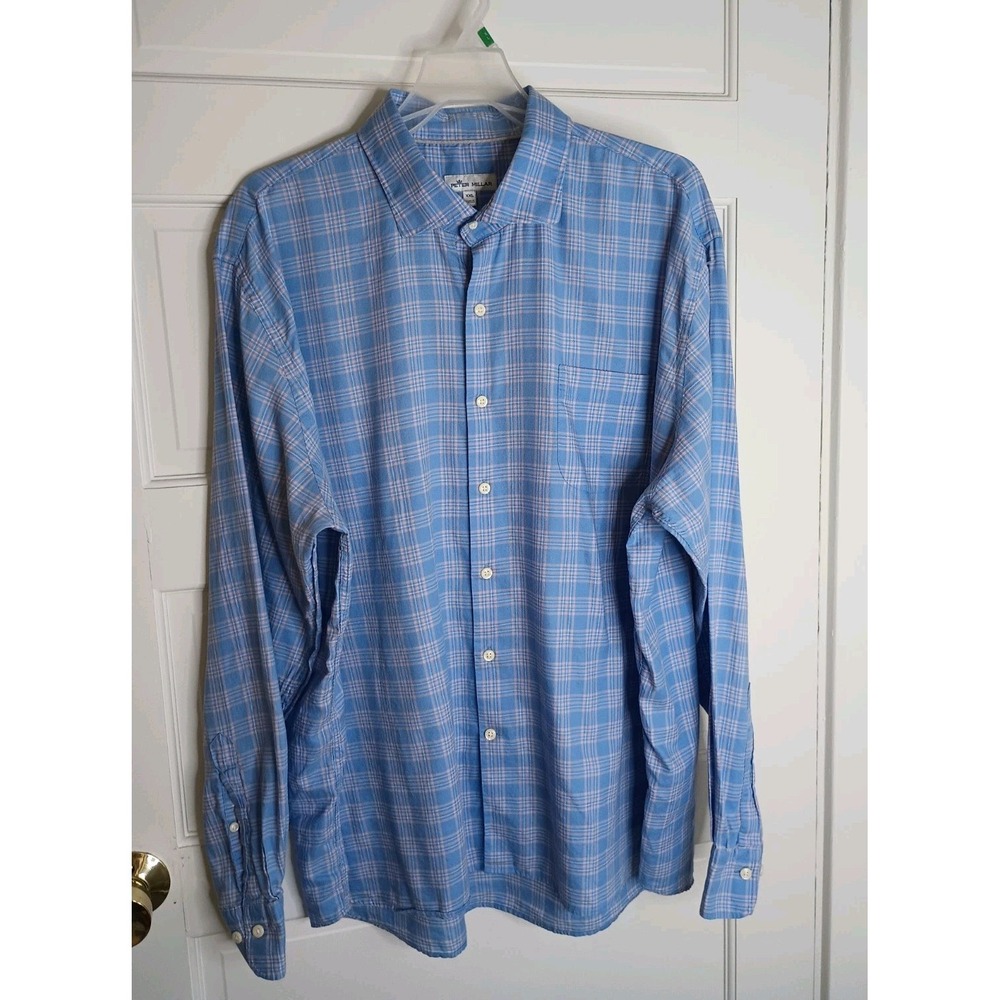 Peter Millar Men's 100% Cotton Plaid Button-up Long Sleeve Shirt Size XXL Blue